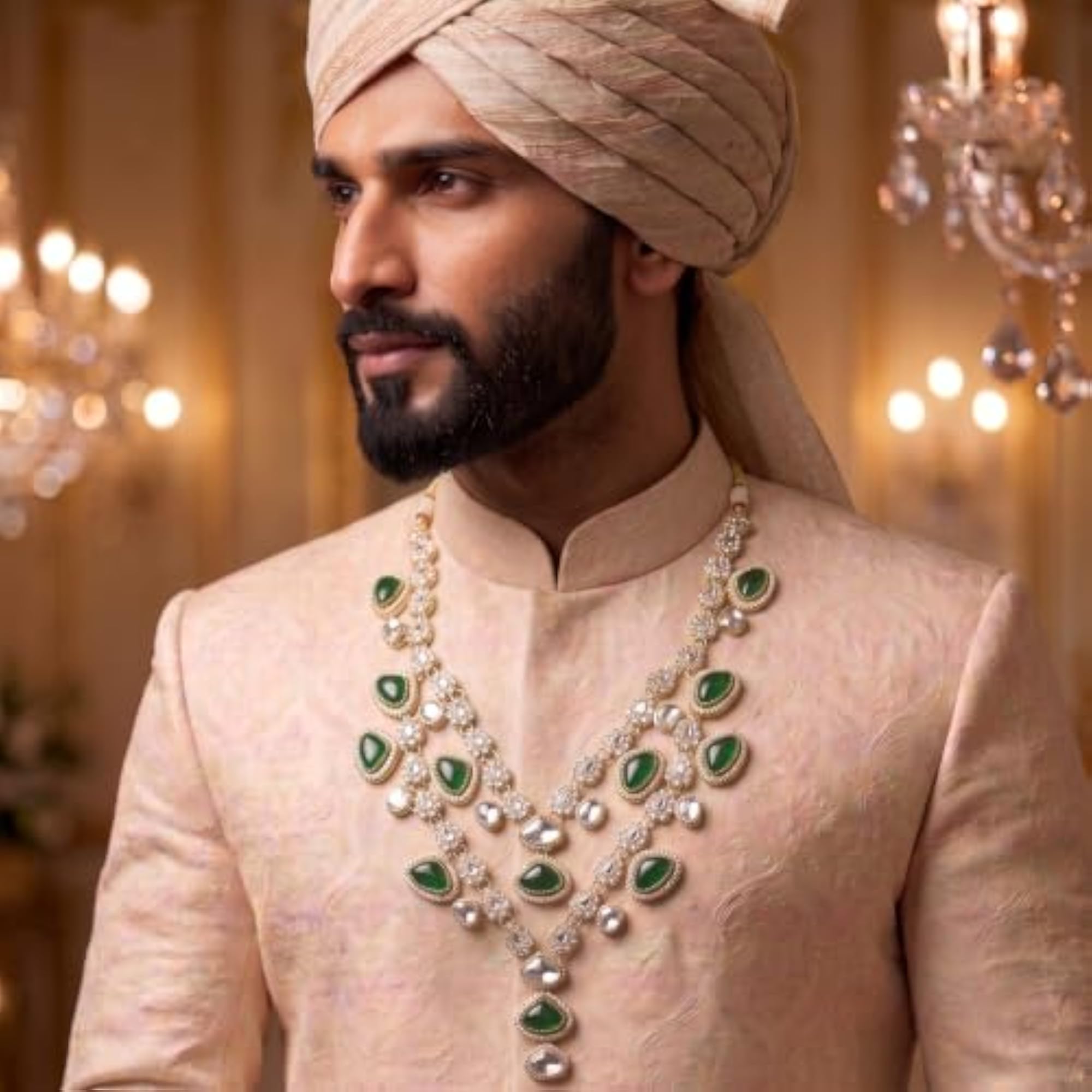 Men's Emerald Green & Kundan Stone Groom Necklace