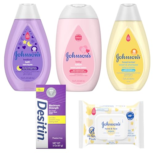 Johnson's Baby Here Comes Baby Gift Set, Baby Essentials for New Parents with Moisturizing Lotion, Bedtime Bath, Body Wash & Shampoo, Hand & Face Wipes, & Diaper Rash Cream, 5 Items - Image 6