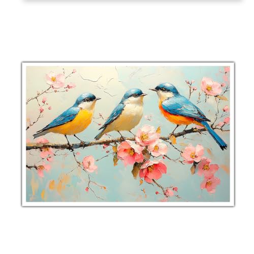 Affiche non encadrée oiseau bleu et fleurs de pêcher style artistique raffiné