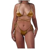 Bikini De Chicas Summer 2024 Women Sexy Bikini Sets Cross Lace Up 2 Pieces Swimsuit Side Tie Swimsuit Sexy Triangle Bra Thong Split Bathing Suit Gold Small