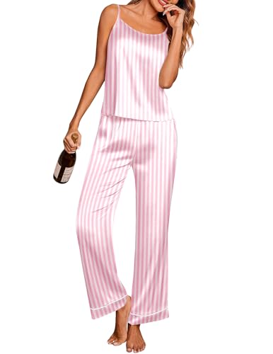 Image of Ekouaer Women Silk Satin Pajamas Sleeveless Pjs Set 2 Piece Summer Loungewear Sleepwear with Pockets S-XXL