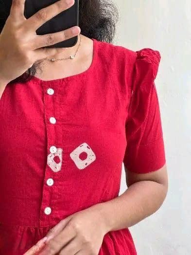 Image of Women's Red Cotton Midi Dress with White Diamond Print | Button-Front, Short Sleeves & Tiered Flare Design for Women Stylish |Dress One Piece Dress for Women