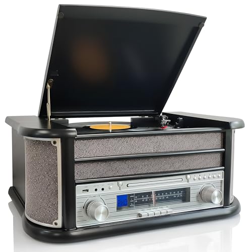 Denver Lecteur cassette CD Bluetooth 8 en 1 rétro en bois, système HiFi - Platine vinyle à 3 vitesses et cassette avec lecteur CD, radio FM/AM,...