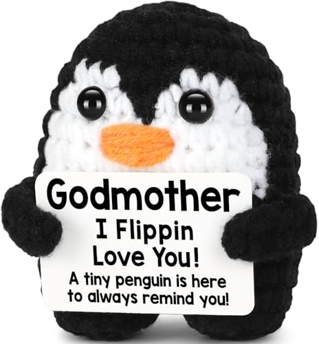 CryCarrot Mini Funny Godmother Gifts from Godchild, Handmade Crochet Penguin Easter Birthday Gifts for Godmother from Goddaughter Godson, I Love You Godmother Mothers Day Emotional Cute Decor
