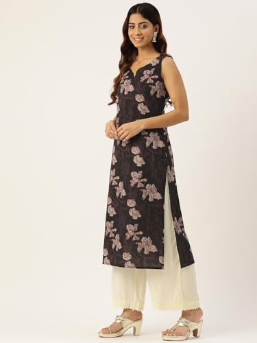 Image of feranoid Women's Pure Cotton Floral Print Straight Kurti | Elegant Curved V-Neck | Sleeveless Calf-Length Ethnic Wear | Comfortable Regular Fit | Sizes XS-XXL