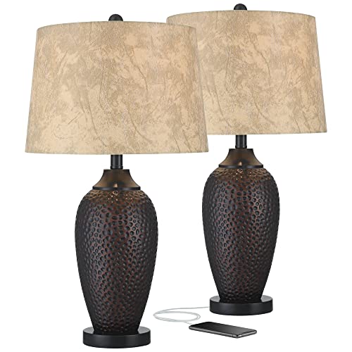 Flash Deals - 50% OFF Kaly Rustic Traditional Table Lamps 25" High Set of 2 with USB Charging Port Hammered Oil Rubbed Bronze Faux Leather Drum Shade for Living Room Bedroom House Bedside Nightstand - Franklin Iron Works