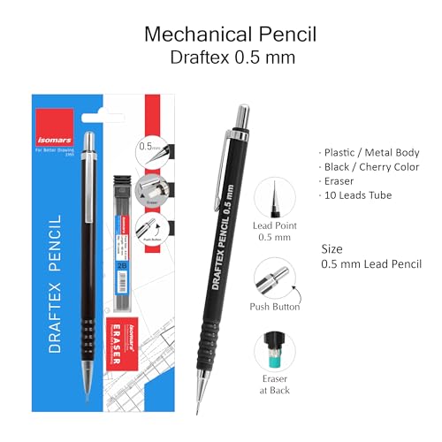 Image of Isomars Draftex 2B Mechanical Pencil Set - 0.5mm Black Pencils with Extra Leads & Erasers | Set of 2 Technical Drafting Pencils for Drawing, Sketching, Engineering, Architecture & Writing