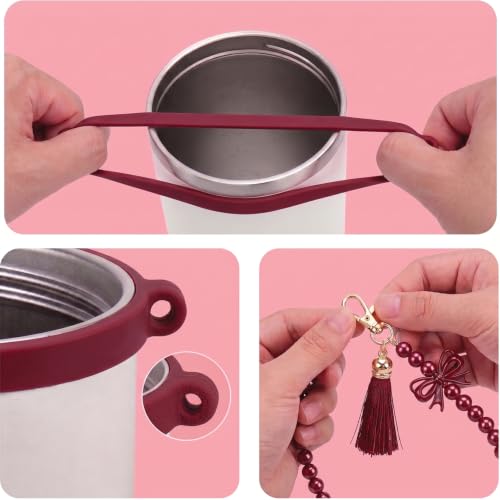Image of House of Quirk 6 Accessories Set Silicone Straw Cover, Cup Boot, Handle Chain, Handle Strap, Sticker 40oz & 30oz Tumbler (Bow Maroon, Tumbler Not Included)
