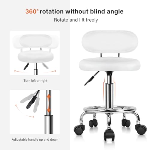 Image of KKTONER PU Leather Modern Rolling Stool with Low Back Height Adjustable Work Salon Drafting Swivel Task Chair with Footrest (White)