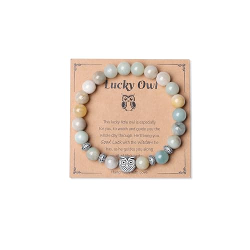 MAIBAOTA Owl Bracelet Owl Gifts for Women 8 mm Round Amazonite Gemstones Stretch Bracelet