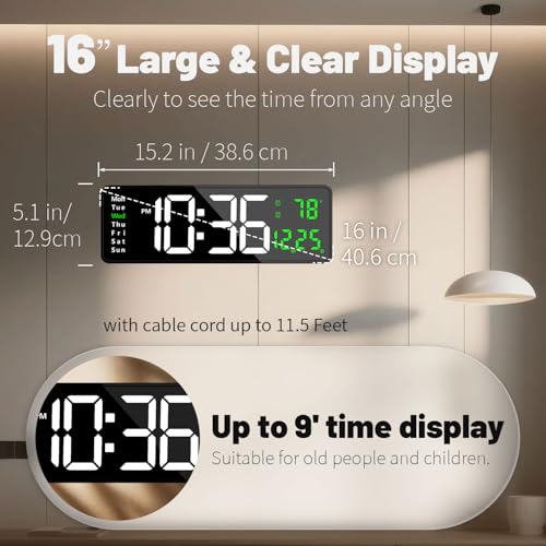 Digital Wall Clock with Automatic Brightness - LED Large Display Silent Clock for Living Room Bedroom Kitchen, Silent Wall Clock with Date Temperature, Decorative Digital Clock for Home Office — view 2