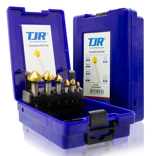 TJR® Avellanador de 90° de diámetro 6,3 – 20,5 mm de acero HSS con revestimiento TiN, muy afilado, juego de avellanado y desbarbado para madera, metal y plástico en práctica caja de almacenamiento