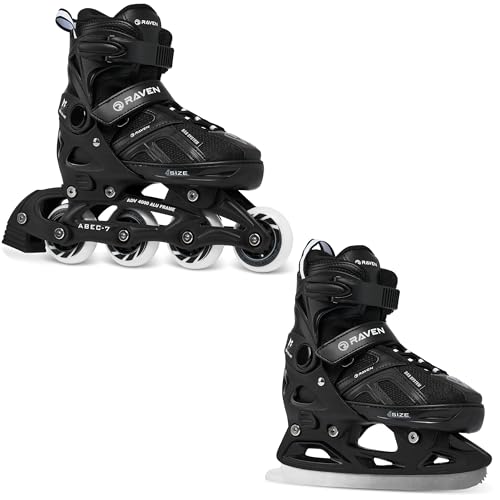 RAVEN Pulse Inline Skates Inliner für Kinder und Erwachsene OPTIONAL 2in1 mit Schlittschuhen verstellbar (Black mit Kufen, 40-43 (25,5-28cm))