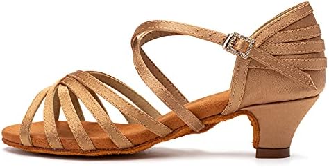 AOQUNFS Girls Latin Dance Shoes Satin Low Heel Salsa Practice Performance Ballroom Shoes,608-Beige-4.5,5.5 M US Big Kid