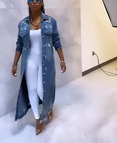 Womens Distressed Ripped Denim Trench Coat Casual Slim Button Down Washed Long Jean Jacket4