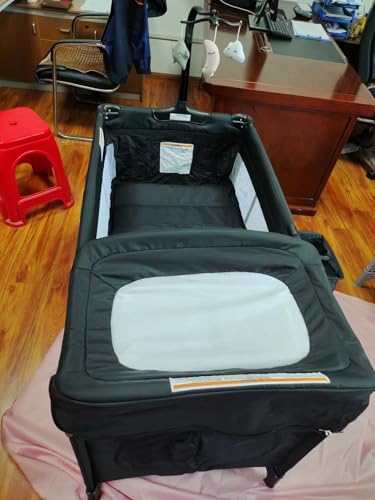 Image of 4 in 1 Pack and Play with Changing Table Diaper Organizer & Mattress, Foldable Baby Bassinet Bedside Sleeper, Portable Large Travel Crib Playpen for Newborn to Toddles