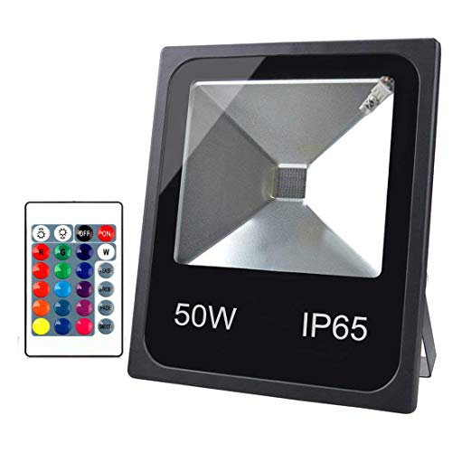 Velain Foco LED RGB,50W Proyector LED de Colores,16 Colores y 4 Modos, Funciona con Control Remoto,Iluminación de Exterior Impermeable IP65 para Decoración de Jardín, Terraza, Navidad Cover