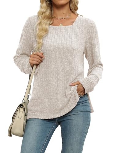 JomeDesign Sweaters for Women Long Sleeve Shirts Square Neck Sweatshirts Lightweight Loose Casual Fashion Tops2
