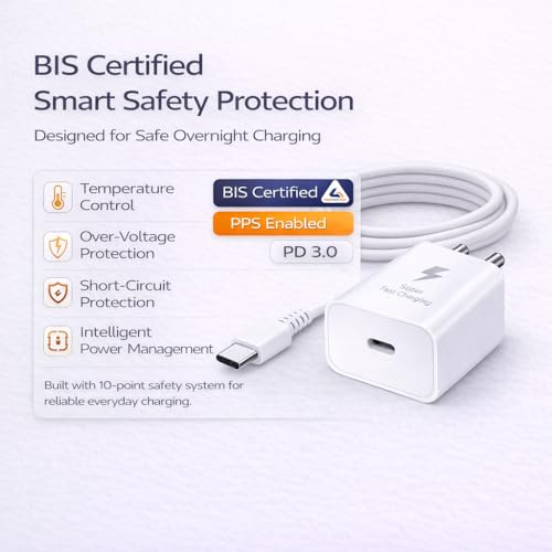 Image of 25W Charger for Samsung with Type C Cable | Super Fast Charging for Galaxy S26 /S25 Ultra, S24 FE, A56 /A36, M15 5G /M17 /M55, F15 /F55 /Z Fold & S /A /M /F /Z Series - BIS Certified
