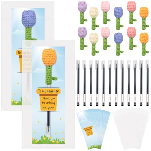 Resurhang 12 Set Teacher Appreciation Gift Bulk Bundle Crochet DIY Handmade Pen Cover Thank You for Helping Me Grow Cards Bulk Inspirational Opp Bags Thank You Gift School Office Supplies(Tulip)
