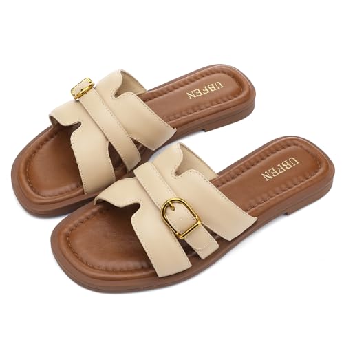 UBFEN Women's Square Toe H-Strap Slide Sandals Trendy Comfortable Summer Flat Sandals for Casual, Beach, Vacation D Khaki Women US Size 9 by UBFEN - Image 4
