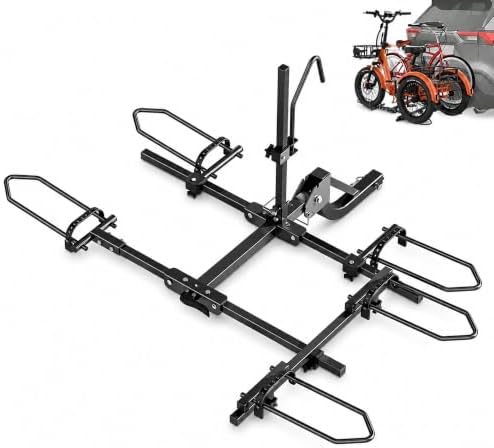 MOONCOOL 2-Bike Folding Hitch Trike Rack - 270 lbs Capacity, Fits Up to 5" Fat Tires and 42"-59" Wheelbase, Rear Bike Racks Carrier for Adult Tricycles, 2" Receiver Mount for Cars, SUVs, Vans, RVs