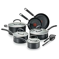 T-FAL Advanced Nonstick Cookware Set 12 Piece, Oven Broiler Safe 350F, Kitchen Cooking Set W/Fry Pans, Saucepans, Deep Saute, Dutch Oven & Kitchen Utensils, Pots and Pans, Dishwasher Safe, Black