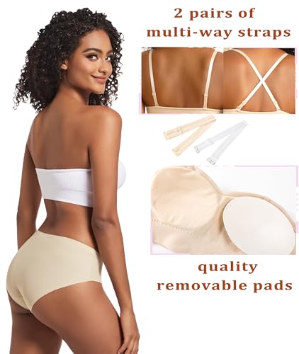 Image of PRETTYWELL Strapless Bra for Women Ribbed Seamless Non-Slip Comfort Padded Wireless Bandeau Bras Wireless Tube Top Bra