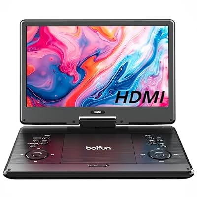 15.7" Portable DVD Player with 14.1" Large Screen Support, HDMI Input, 5 Hrs Rechargeable Battery, Sync TV/Projector, USB/SD, Region Free, Dual Speaker, Multiple Disc Formats, Black