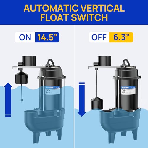 Image of Acquaer 3 /4HP Sewage Pump Submersible, 6400 GPH Cast Iron with Automatic Integrated Vertical Float Switch and Piggyback Plug, 2'' NPT Discharge Basements Pump for Wastewater, Sewer