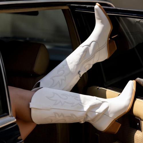 Image of Pasuot Western Cowboy Boots for Women - Knee High Wide Calf Cowgirl Boots, Slip On Pointed Toe Chunky Heel Fashion Retro Classic Pull On Tall Boot for ladies Party concert