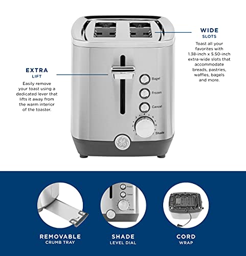 Ge Stainless Steel Toaster | 2 Slice | Extra Wide Slots For Toasting Bagels, Breads, Waffles & More | 7 Shade Options For The Entire Household To Enjoy | Countertop Kitchen Essentials | 850 Watts #TOP2