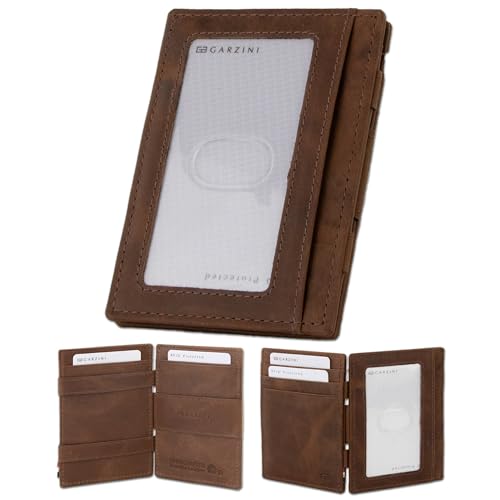 GARZINI Magic Wallet with ID Holder Minimalist Wallet with RFID card holder Leather Wallet for 8 cards Brushed Brown
