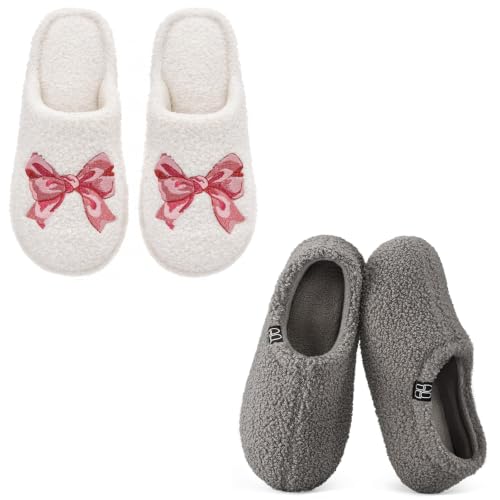 Image of HomeTop Women's Set of 2 Pairs Slip On Slippers (Size7-8,Bow Bliss)-Loafer Slippers(Size 7-8,Gray)