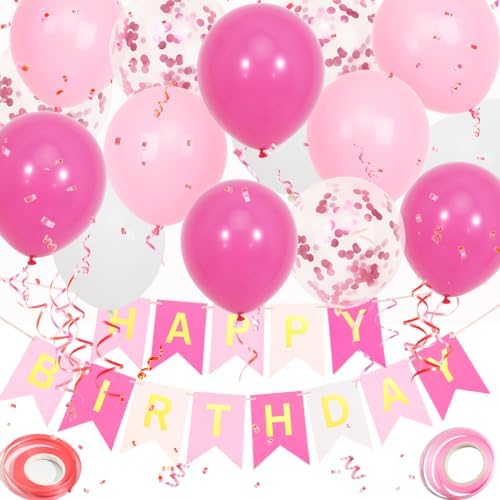 Happy Birthday Banner, Pink Birthday Decoration, 16 pcs 12 inch Happy Birthday Balloons with 2 Ribbons for Girl and Women Birthday Party Decoration