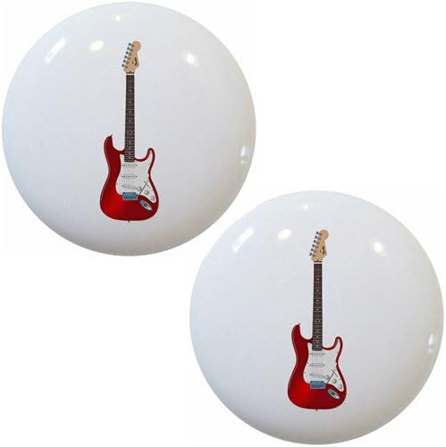 Set of 2 Red Guitar Ceramic Cabinet Drawer Pull Knobs