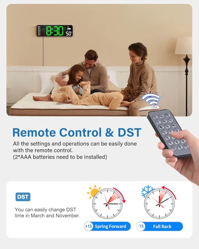 Image of Digital Wall Clock, Digital Clock, Large Display with Remote, Wired LED Alarm Clocks with Date, Week, Temperature, Humidity, Auto DST Countdown, for Living Room