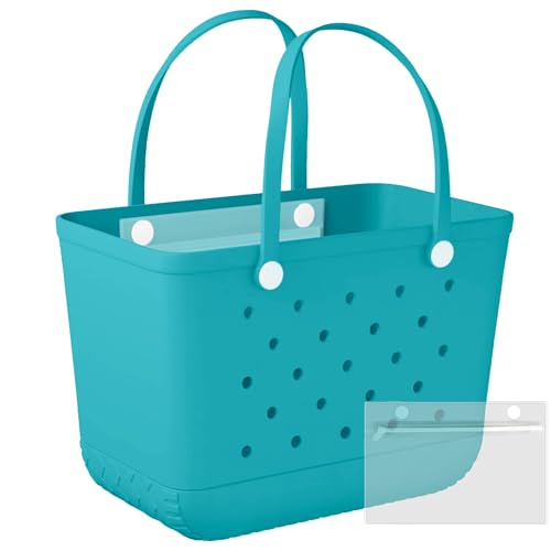 X-Large Rubber Tote Bag Beach Bag Travel Bag with Waterproof Zipper Pocket, Washable Durable Rubber Beach Tote Holes (Lake Green)