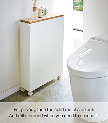 Yamazaki Home Rolling Slim Bathroom Utility Cart with Handle - Storage Shelf Narrow Organizer Rack Steel One Size White