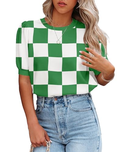 Image of Womens Puff Short Sleeve Sweater Tops Crewneck Basic Knit Pullover Lightweight Casual Sweaters