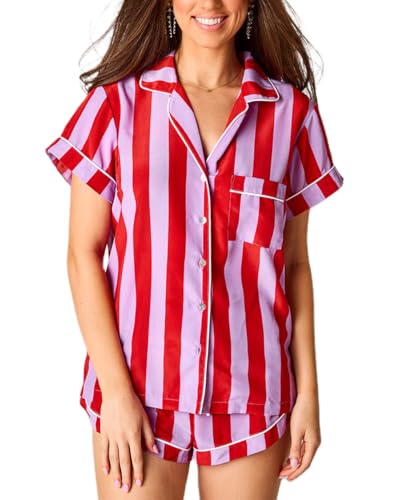 Image of NUFIWI 4th of July Pajamas Set for Women America Flag Short Sleeve Shirt Shorts 2 Piece Lounge Set Independence Outfits