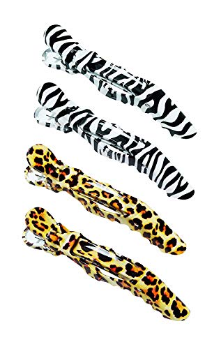Colortrak Croc Clips - Safari Collection, Section Large Amounts of Hair while Coloring, Cutting, and Styling, No Slip Rubber Grip, Leopard and Zebra Patterns, 4 Per Pack