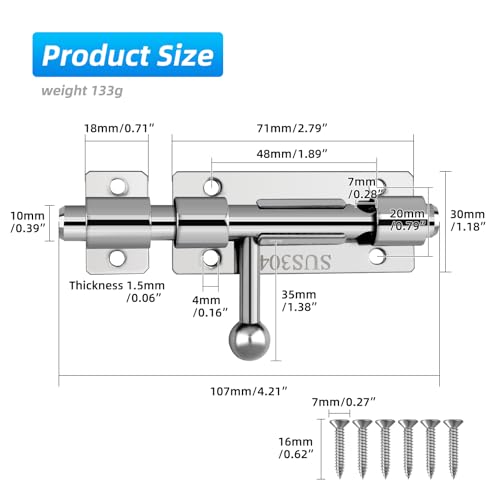 Image of Barrel Bolt Latch, 4.2 Inch Slide Lock, SUS304 Stainless Steel Slide Bolt Latch with Padlock Hole, Heavy Duty Slide Bolt Gate Latch Lock for Wooden Fence, Yard Door, Barn Door, Shed Door (Silver)