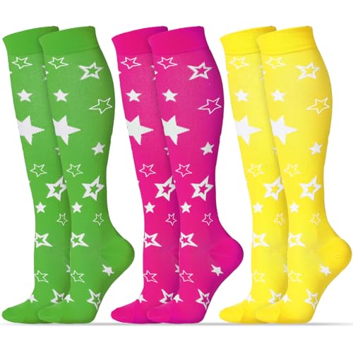 Cindeer 3 Pairs Softball Socks Sport Youth Stars Knee High over the Calf Socks Soccer Volleyball Socks for Girls Women Men (S/M), Rose, Fluorescent Yellow and Fluorescent Green, Small-Medium