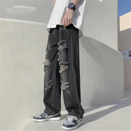 Men Summer Blue Black Ripped Jeans Wide Leg Jeans Streetwear Loose Straight Hole Denim Pants2