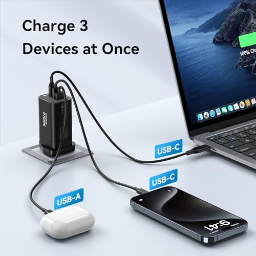65W USB C Charger Plug with 4ft Cable MacBook Charger 3-Port Fast GaN Wall Power Adapter Support PPS/PD3.0 65W/45W for Laptop MacBook Pro/Air, iPad Pro, iPhone15/14/Pro, Galaxy S23/S22, Dell XPS 13