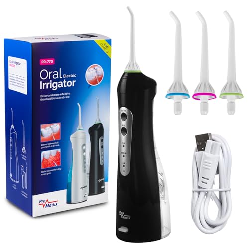 ProMedix PR-770 Elektrische Munddusche Reisemunddusche | Wasser-Flosser Oral Irrigator Zahnreinigung Zahnpflege 4 Düsen Drahtlos (Schwarz)