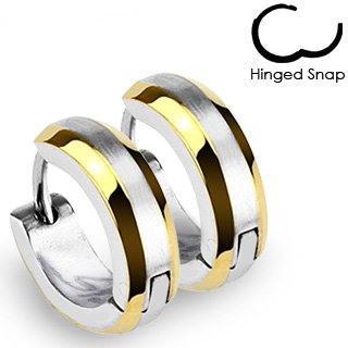 SER-0009 Pair of Stainless Steel Hoop Earring with Gold Plated Edges and Brushed Center