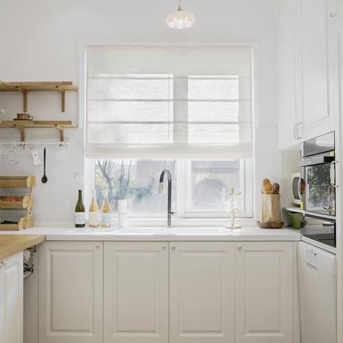 TWOPAGES Liz No Drill Cordless Roman Shades Linen Textured Roman Blinds for Windows, Custom Made Room Darkening Blackout Roman Window Shades, Hardware Included, Ivory White, 1 Piece