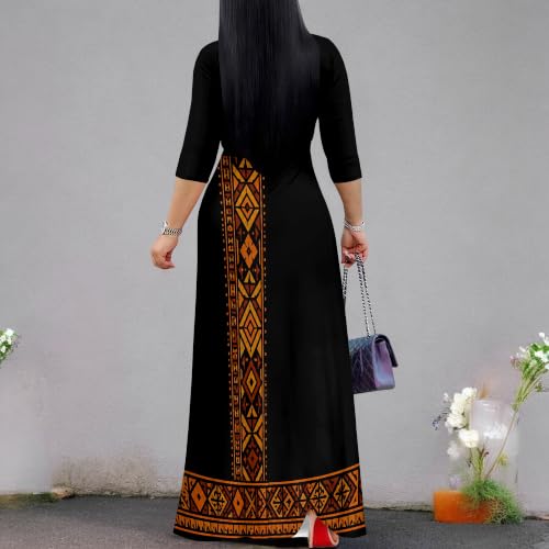 Image of Plus Size Maxi Dress for Women V Neck 3 /4 Sleeve Wrap Dress Black Aztec L | Black Aztec Geometric Women's Maxi Dress